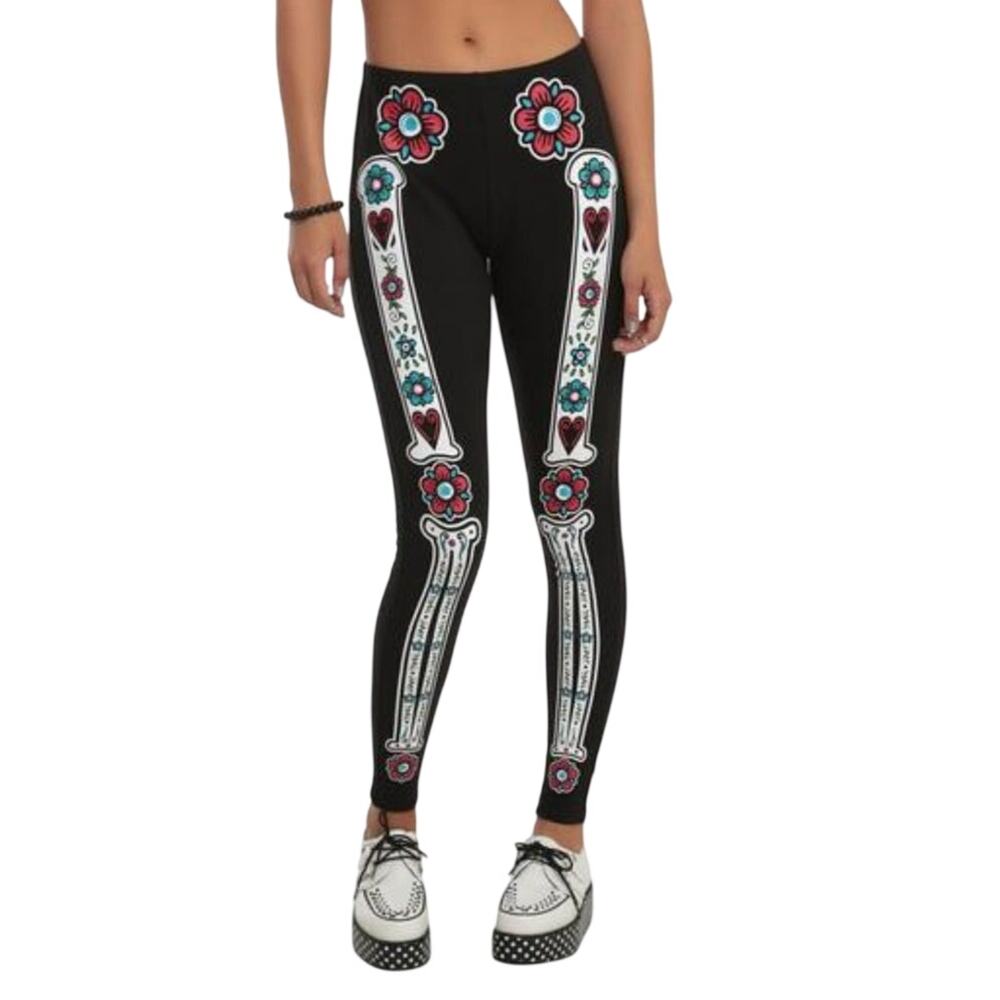Hot Topic Y2K Day of the Dead Skeleton Leggings S Black White Edgy Gothic Bones